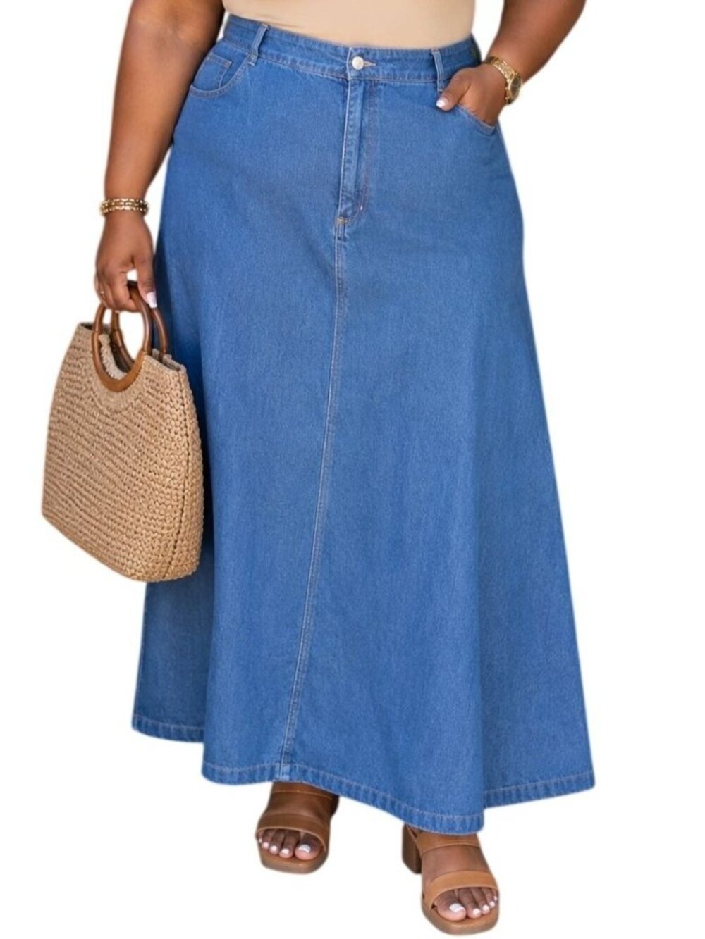 Eddie Bauer Plus Size 16 Maxi Skirt Denim Blue Back Split Cotton Long Pockets